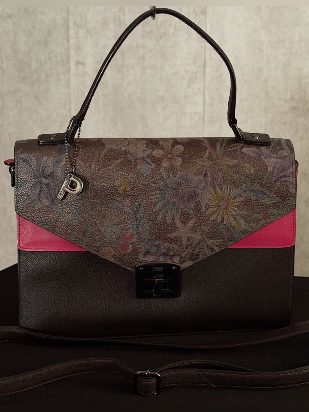 Picard Bilbao Collection Tri Tone Floral Brown Pink Top Handle Crossbody Handbag